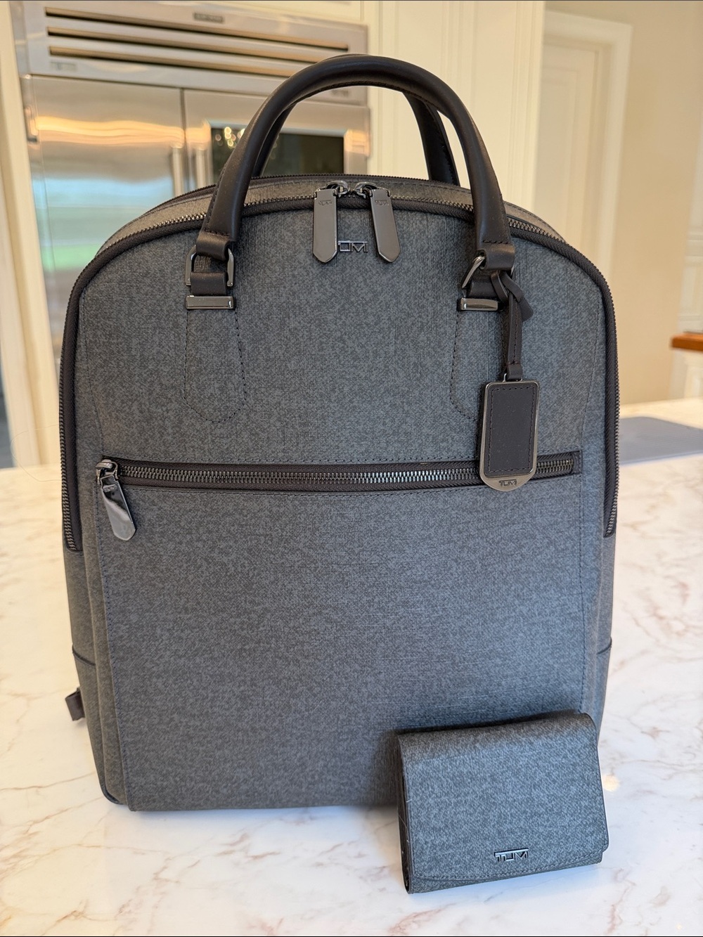 Tumi Gray Small Laptop Backpack with Leather Trim and Matching Wallet